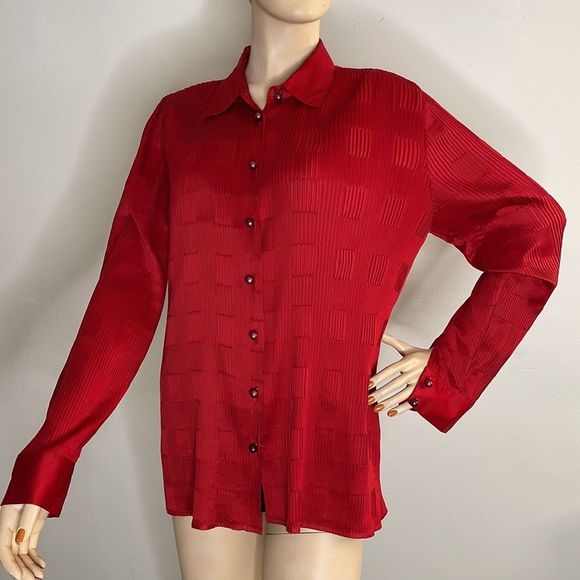 Red Silky Textured Long Sleeve Button Shirt - Picture 11 of 16